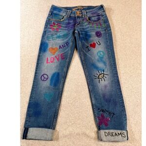 Custom Painted‎ Arizona Jeans Size 3 Y2K Boho Peace Love Artsy Denim Pants Retro